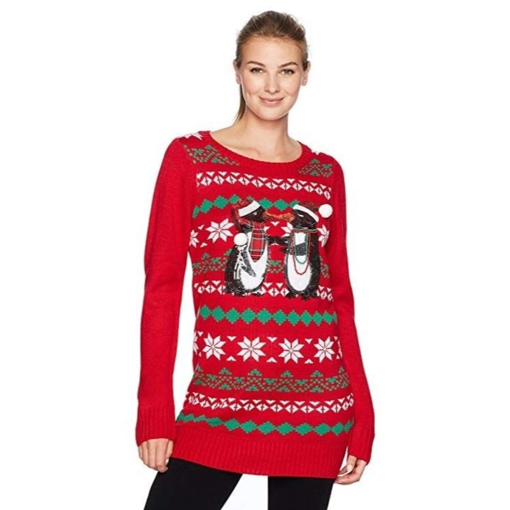 Blizzard Bay Women's Ugly Christmas Sweater Kissing Penguins Tunic Dress XL